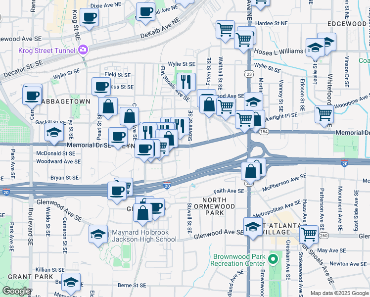 map of restaurants, bars, coffee shops, grocery stores, and more near 984 Memorial Walk Southeast in Atlanta