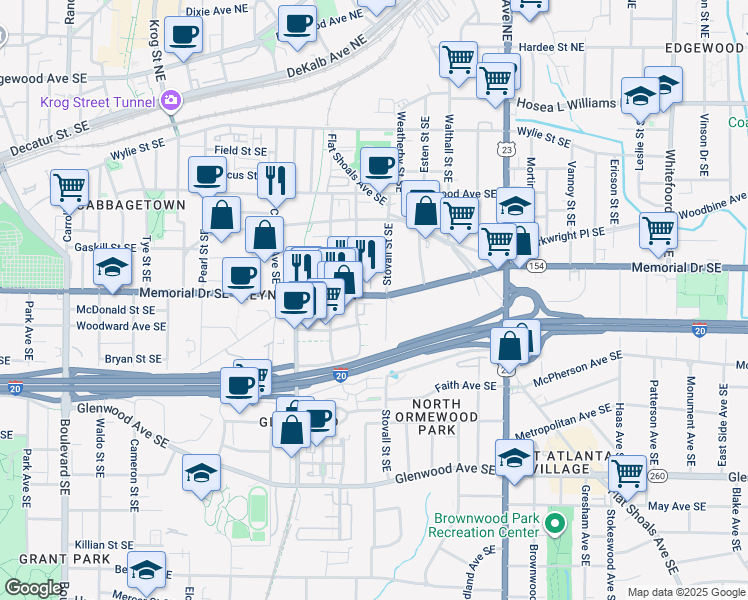 map of restaurants, bars, coffee shops, grocery stores, and more near 272 Gibson Street Southeast in Atlanta