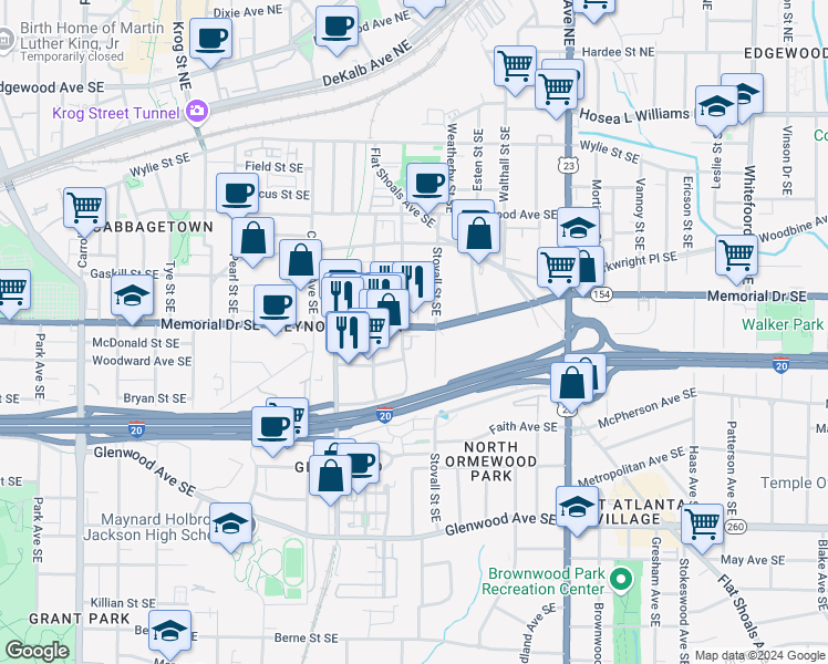 map of restaurants, bars, coffee shops, grocery stores, and more near 976 Memorial Walk Southeast in Atlanta