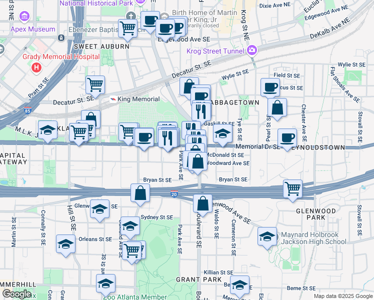 map of restaurants, bars, coffee shops, grocery stores, and more near 248 Oakland Avenue Southeast in Atlanta