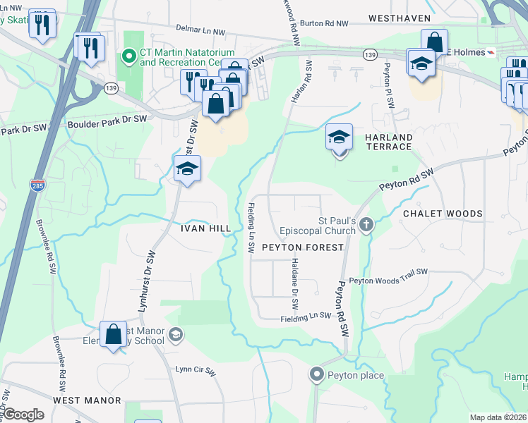 map of restaurants, bars, coffee shops, grocery stores, and more near 320 Fielding Lane Southwest in Atlanta
