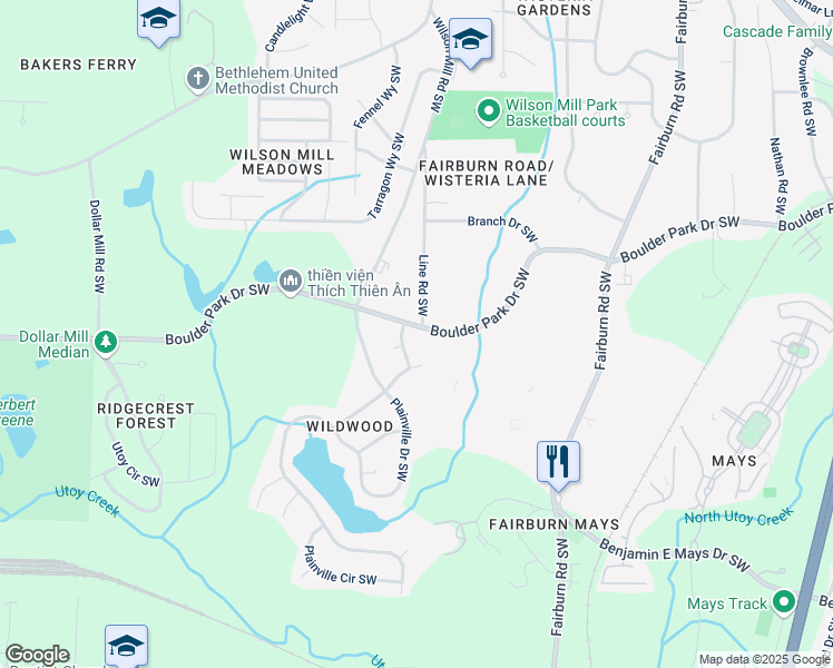 map of restaurants, bars, coffee shops, grocery stores, and more near 3900 Boulder Park Drive Southwest in Atlanta