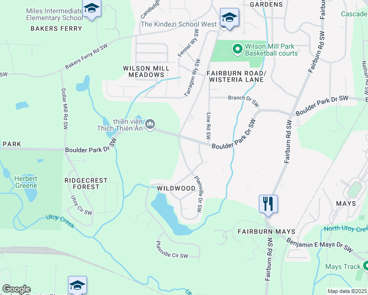 map of restaurants, bars, coffee shops, grocery stores, and more near 3964 Boulder Park Drive Southwest in Atlanta