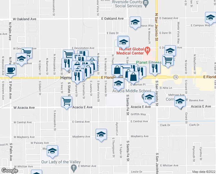 map of restaurants, bars, coffee shops, grocery stores, and more near 140 South Franklin Street in Hemet