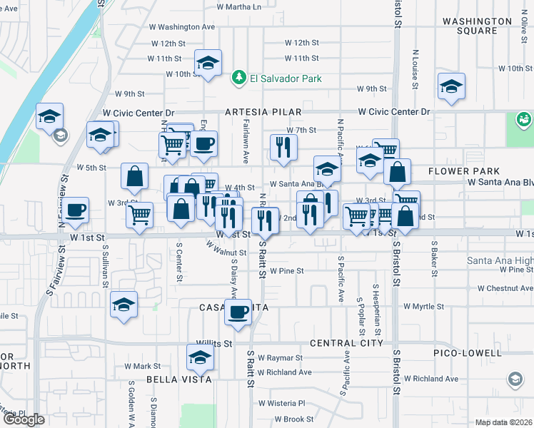 map of restaurants, bars, coffee shops, grocery stores, and more near 201 North Raitt Street in Santa Ana