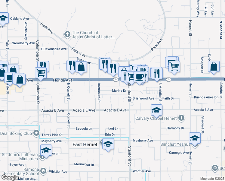 map of restaurants, bars, coffee shops, grocery stores, and more near 41608 Marine Drive in Hemet