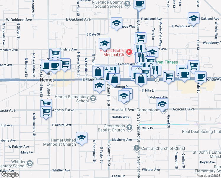 map of restaurants, bars, coffee shops, grocery stores, and more near 940 East Morton Place in Hemet