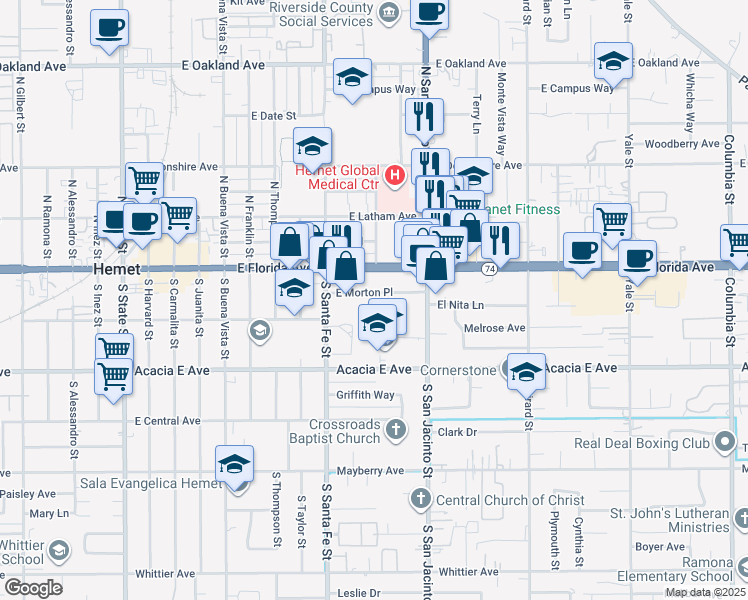 map of restaurants, bars, coffee shops, grocery stores, and more near 1081 East Morton Place in Hemet