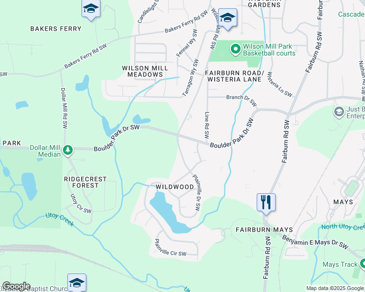 map of restaurants, bars, coffee shops, grocery stores, and more near 3964 Boulder Park Drive Southwest in Atlanta