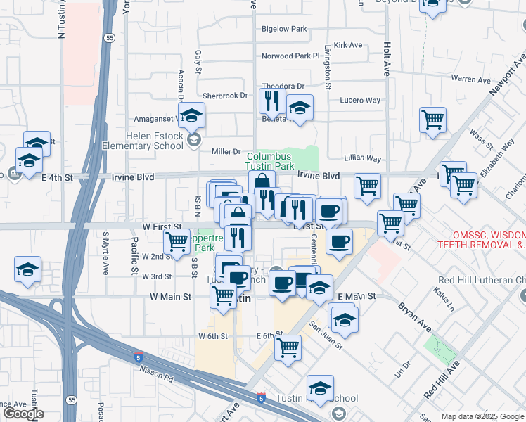map of restaurants, bars, coffee shops, grocery stores, and more near 221 Prospect Park in Tustin