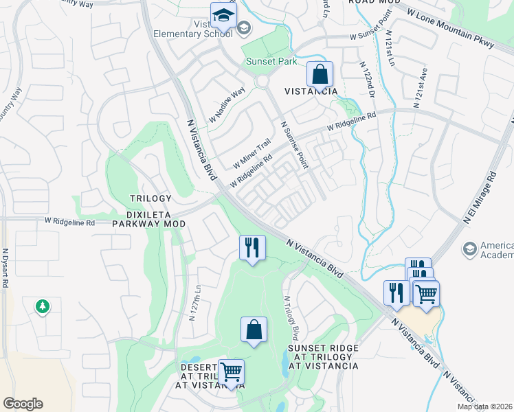 map of restaurants, bars, coffee shops, grocery stores, and more near 12580 West Via Dona Road in Peoria
