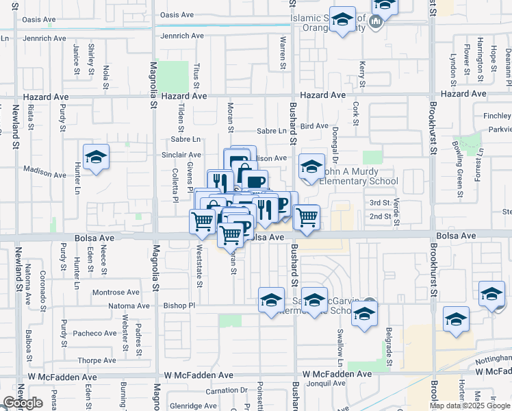 map of restaurants, bars, coffee shops, grocery stores, and more near 14920 Dillow Street in Westminster