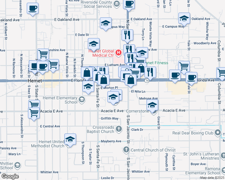 map of restaurants, bars, coffee shops, grocery stores, and more near 1081 East Morton Place in Hemet