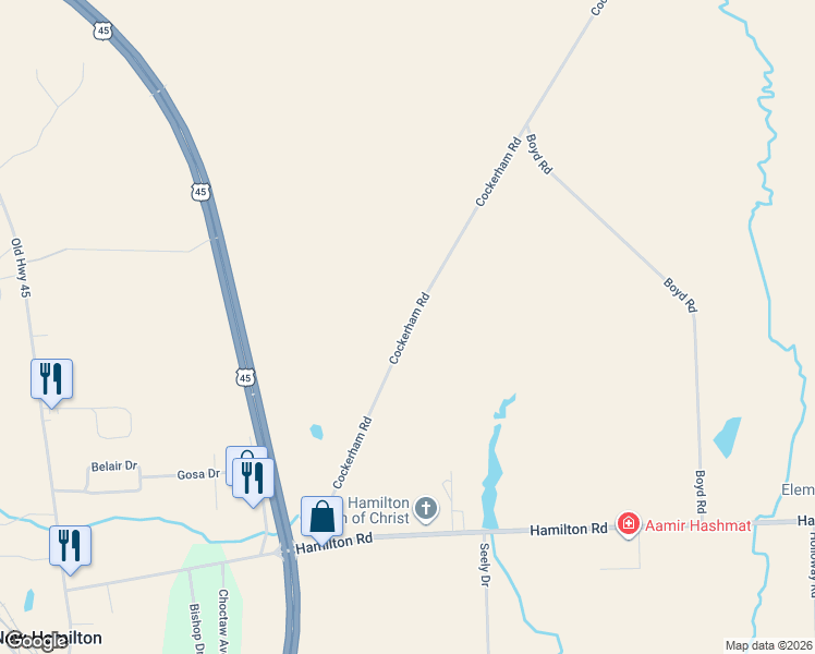 map of restaurants, bars, coffee shops, grocery stores, and more near 40058 Cockerham Road in Hamilton
