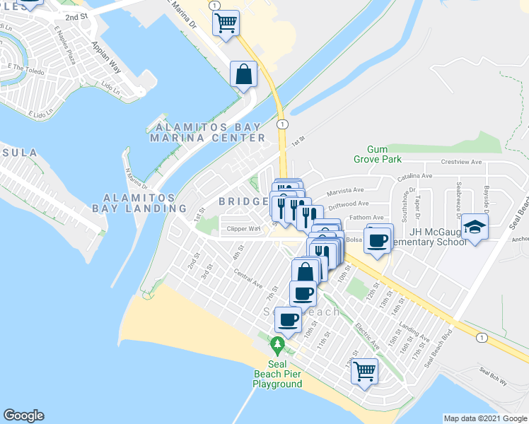 map of restaurants, bars, coffee shops, grocery stores, and more near 393 Galleon Way in Seal Beach