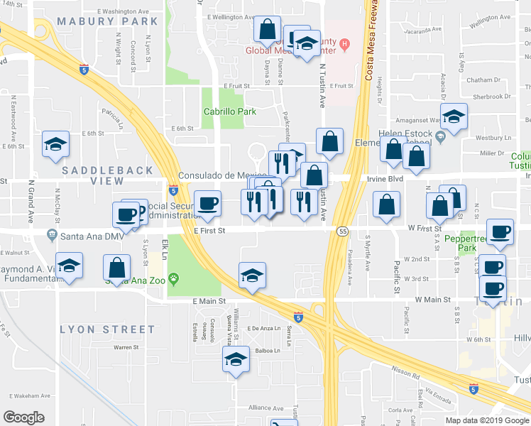 map of restaurants, bars, coffee shops, grocery stores, and more near 2031 East First Street in Santa Ana