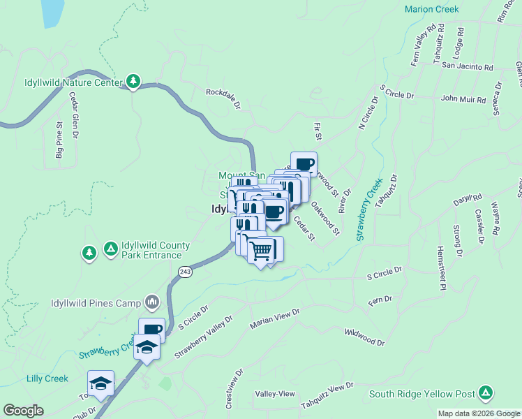map of restaurants, bars, coffee shops, grocery stores, and more near 54315 Pine Crest Avenue in Idyllwild-Pine Cove