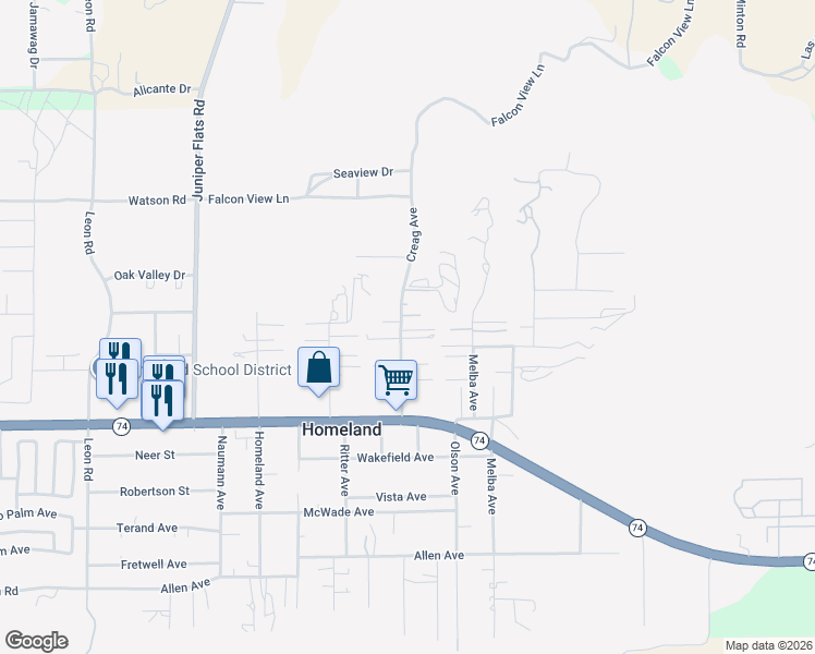 map of restaurants, bars, coffee shops, grocery stores, and more near 25778 Creag Avenue in Homeland