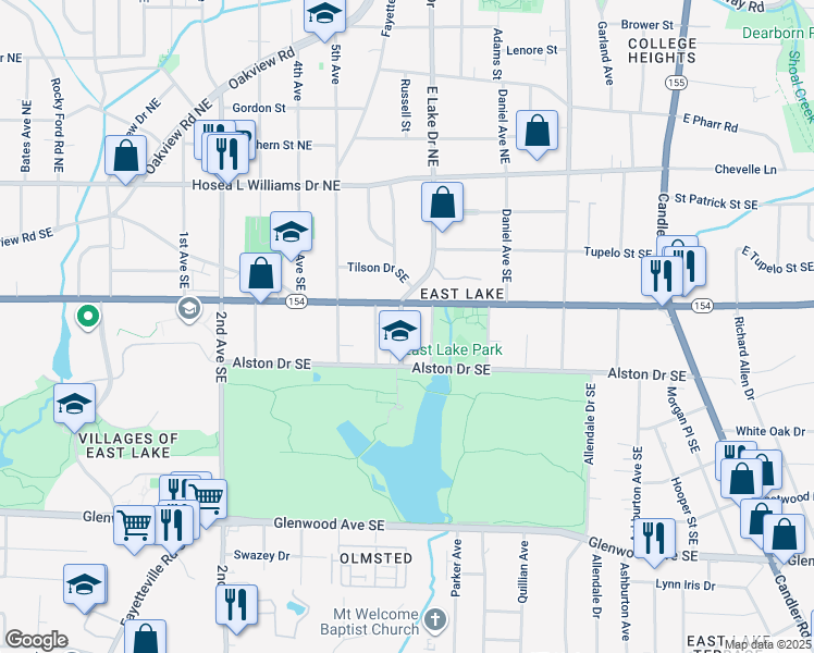 map of restaurants, bars, coffee shops, grocery stores, and more near 240 East Lake Drive Southeast in Atlanta