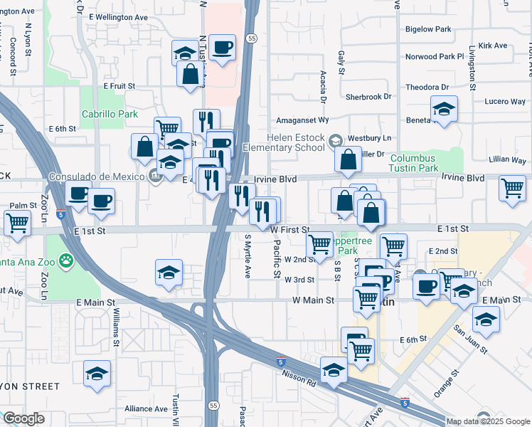 map of restaurants, bars, coffee shops, grocery stores, and more near 140 Yorba Street in Tustin