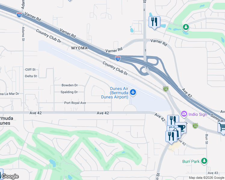 map of restaurants, bars, coffee shops, grocery stores, and more near 41680 Jamaica Sands Drive in Bermuda Dunes