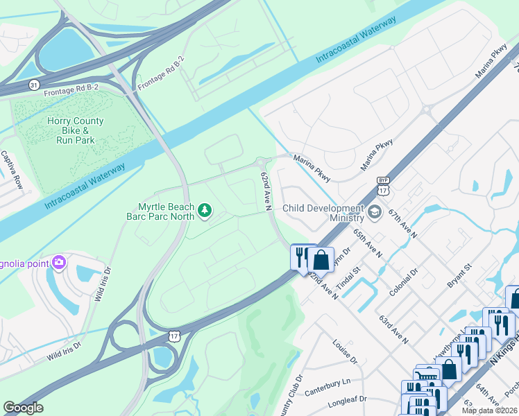 map of restaurants, bars, coffee shops, grocery stores, and more near 1150 62nd Avenue North in Myrtle Beach