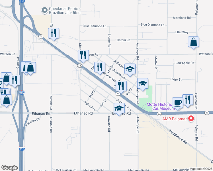 map of restaurants, bars, coffee shops, grocery stores, and more near California 74 in Romoland