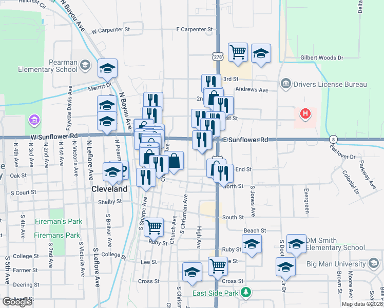 map of restaurants, bars, coffee shops, grocery stores, and more near 293-295 North Chrisman Avenue in Cleveland