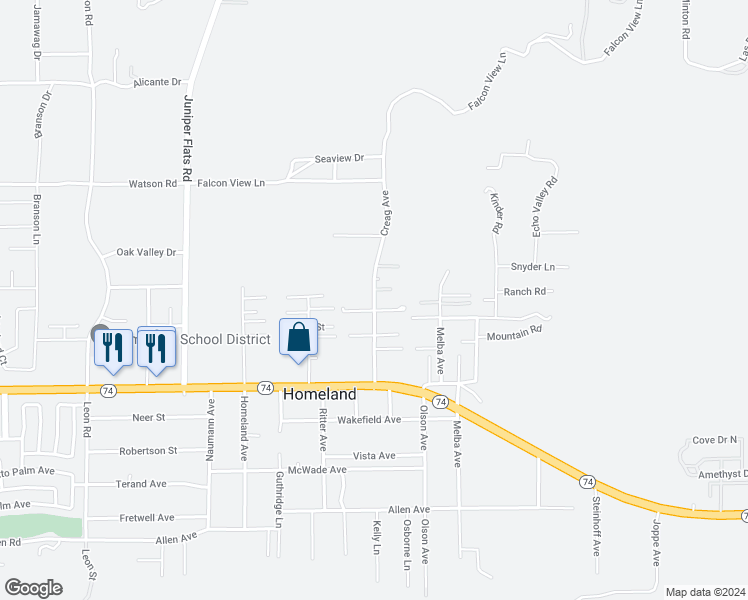 map of restaurants, bars, coffee shops, grocery stores, and more near Creag Avenue in Homeland