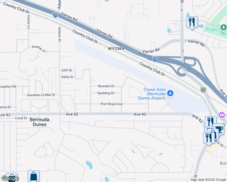 map of restaurants, bars, coffee shops, grocery stores, and more near 79380 Spalding Drive in Bermuda Dunes
