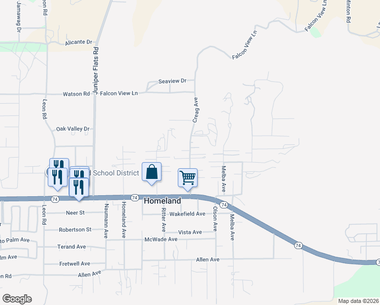 map of restaurants, bars, coffee shops, grocery stores, and more near Creag Avenue in Homeland