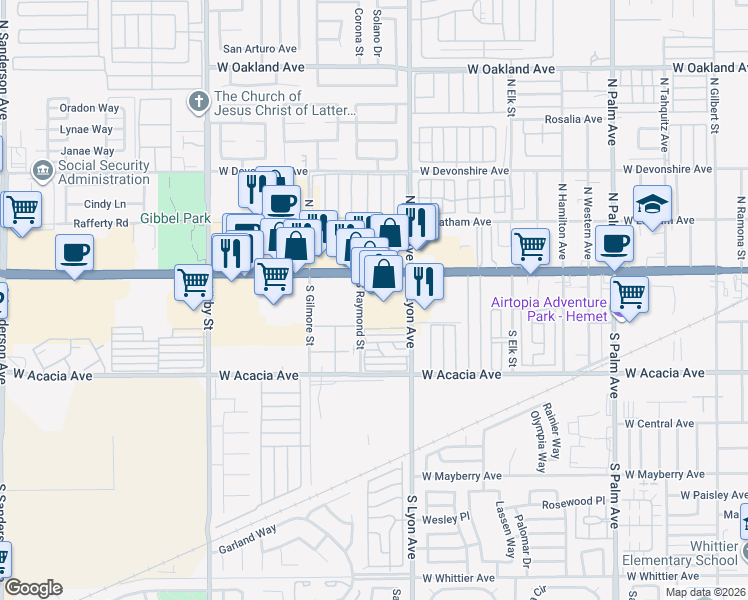 map of restaurants, bars, coffee shops, grocery stores, and more near 1721 West Florida Avenue in Hemet