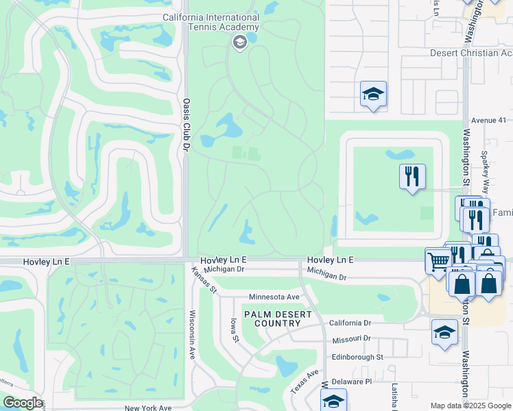 map of restaurants, bars, coffee shops, grocery stores, and more near 41991 Preston Trail in Palm Desert