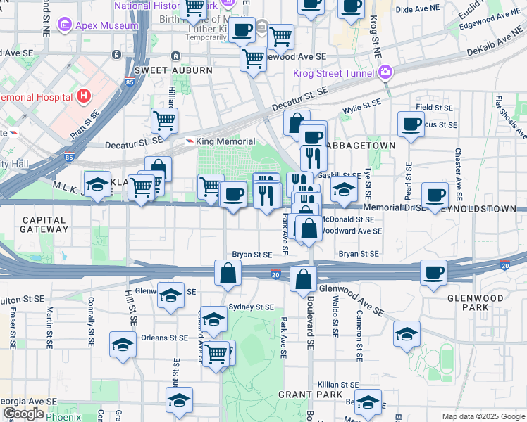 map of restaurants, bars, coffee shops, grocery stores, and more near 519 Memorial Drive Southeast in Atlanta