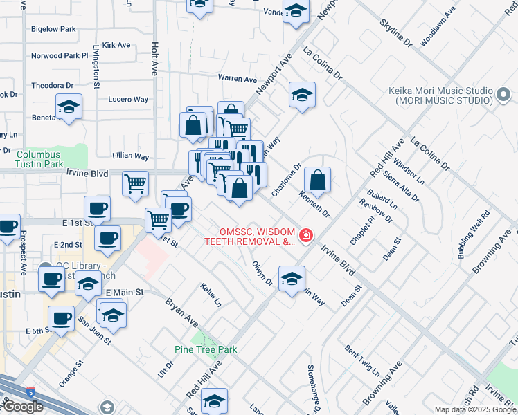 map of restaurants, bars, coffee shops, grocery stores, and more near 1222 Irvine Boulevard in Tustin