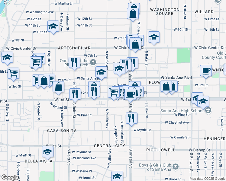 map of restaurants, bars, coffee shops, grocery stores, and more near 1422 West 3rd Street in Santa Ana