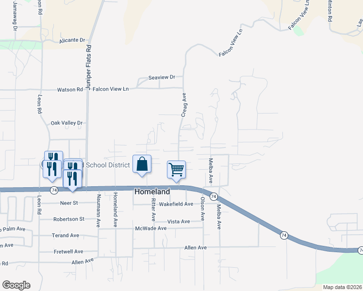 map of restaurants, bars, coffee shops, grocery stores, and more near 25778 Creag Avenue in Homeland