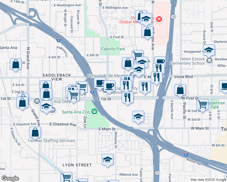 map of restaurants, bars, coffee shops, grocery stores, and more near 1901 East 1st Street in Santa Ana
