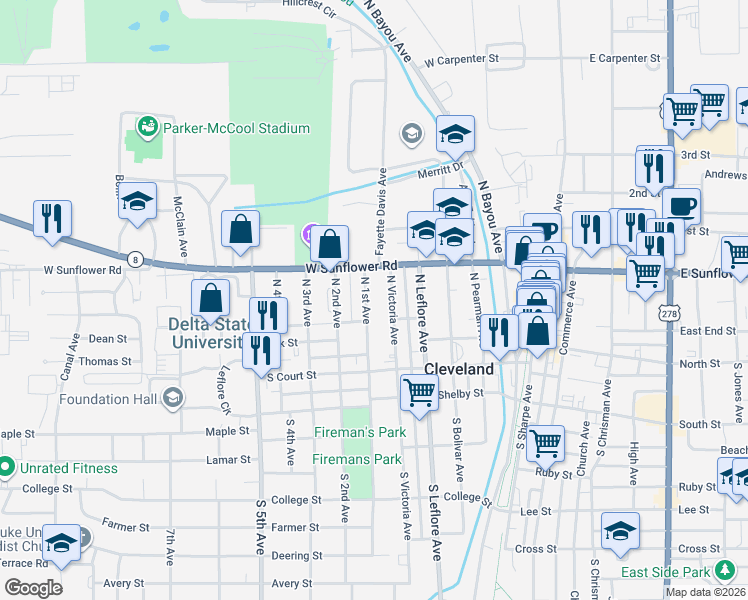 map of restaurants, bars, coffee shops, grocery stores, and more near 207-299 N 1st Ave in Cleveland