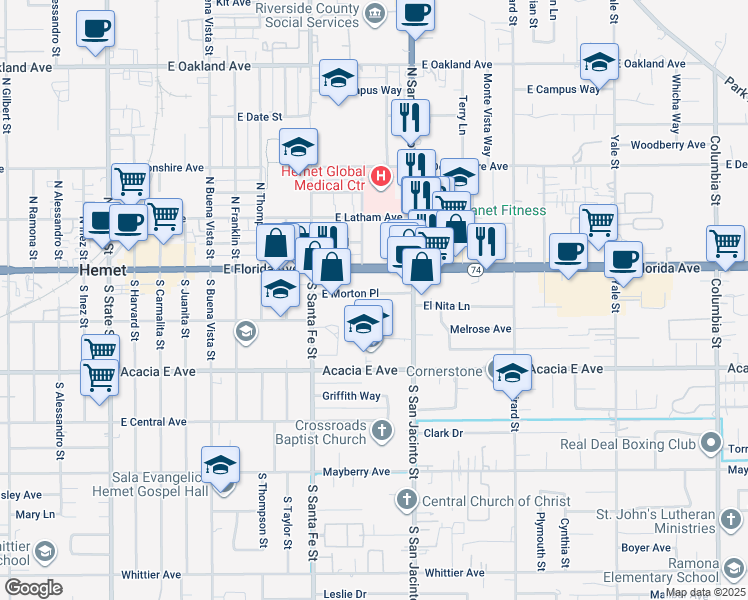 map of restaurants, bars, coffee shops, grocery stores, and more near 1135 East Morton Place in Hemet