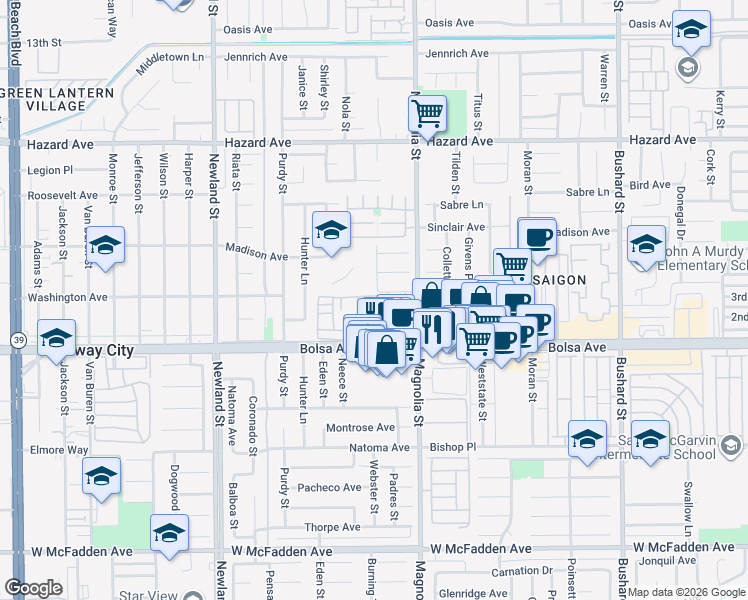 map of restaurants, bars, coffee shops, grocery stores, and more near 8891 Ovieda Plaza in Westminster