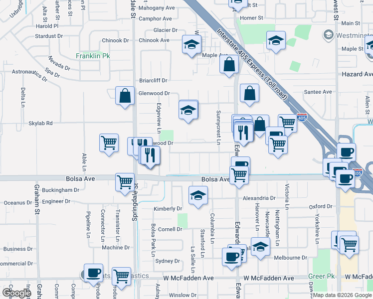map of restaurants, bars, coffee shops, grocery stores, and more near 6242 Larchwood Drive in Huntington Beach