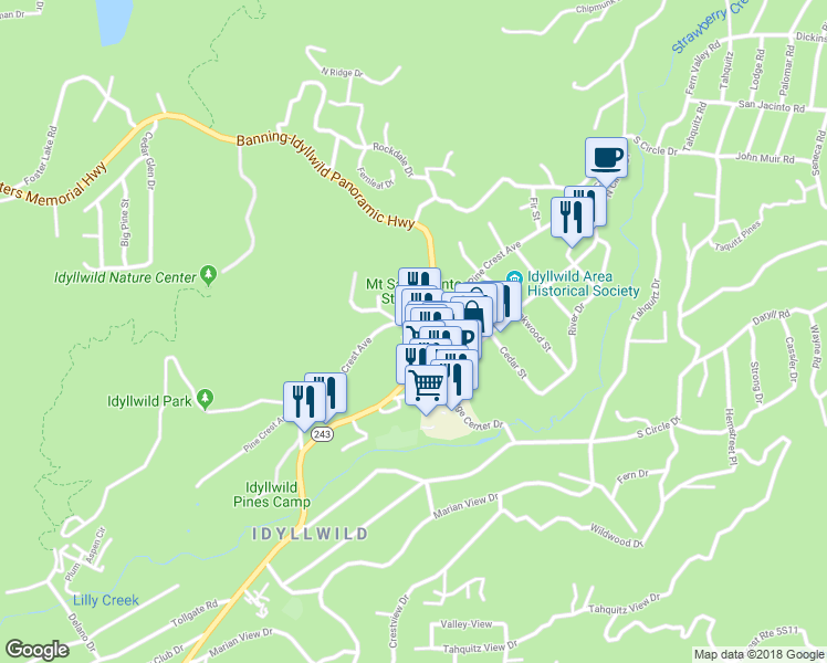 map of restaurants, bars, coffee shops, grocery stores, and more near 54125 Pine Crest Avenue in Idyllwild-Pine Cove