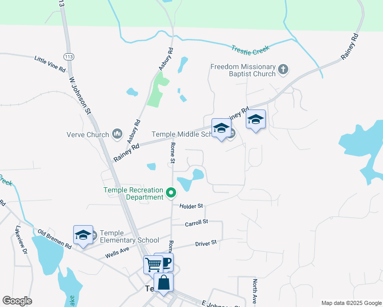 map of restaurants, bars, coffee shops, grocery stores, and more near 333 Spruce Creek Lane in Temple