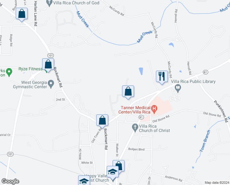 map of restaurants, bars, coffee shops, grocery stores, and more near 447 Vandenburg Drive in Villa Rica