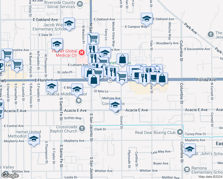 map of restaurants, bars, coffee shops, grocery stores, and more near 1550 El Nita Lane in Hemet
