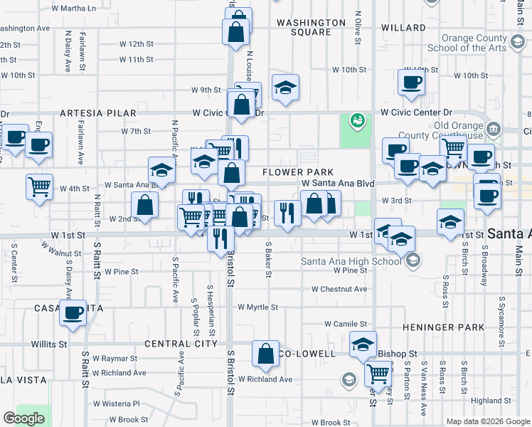 map of restaurants, bars, coffee shops, grocery stores, and more near 1212 West 3rd Street in Santa Ana