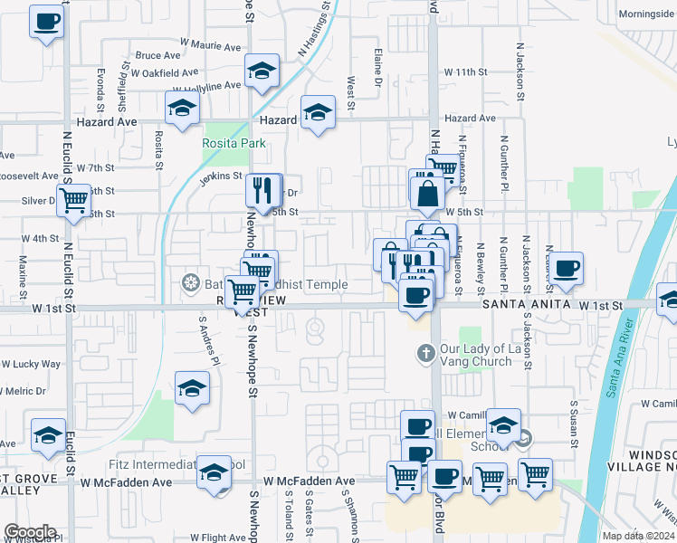 map of restaurants, bars, coffee shops, grocery stores, and more near 4211 West 1st Street in Santa Ana