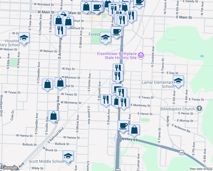 map of restaurants, bars, coffee shops, grocery stores, and more near 330 West Munson Street in Denison