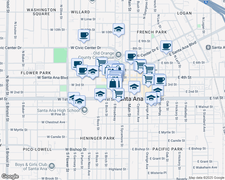 map of restaurants, bars, coffee shops, grocery stores, and more near in Santa Ana